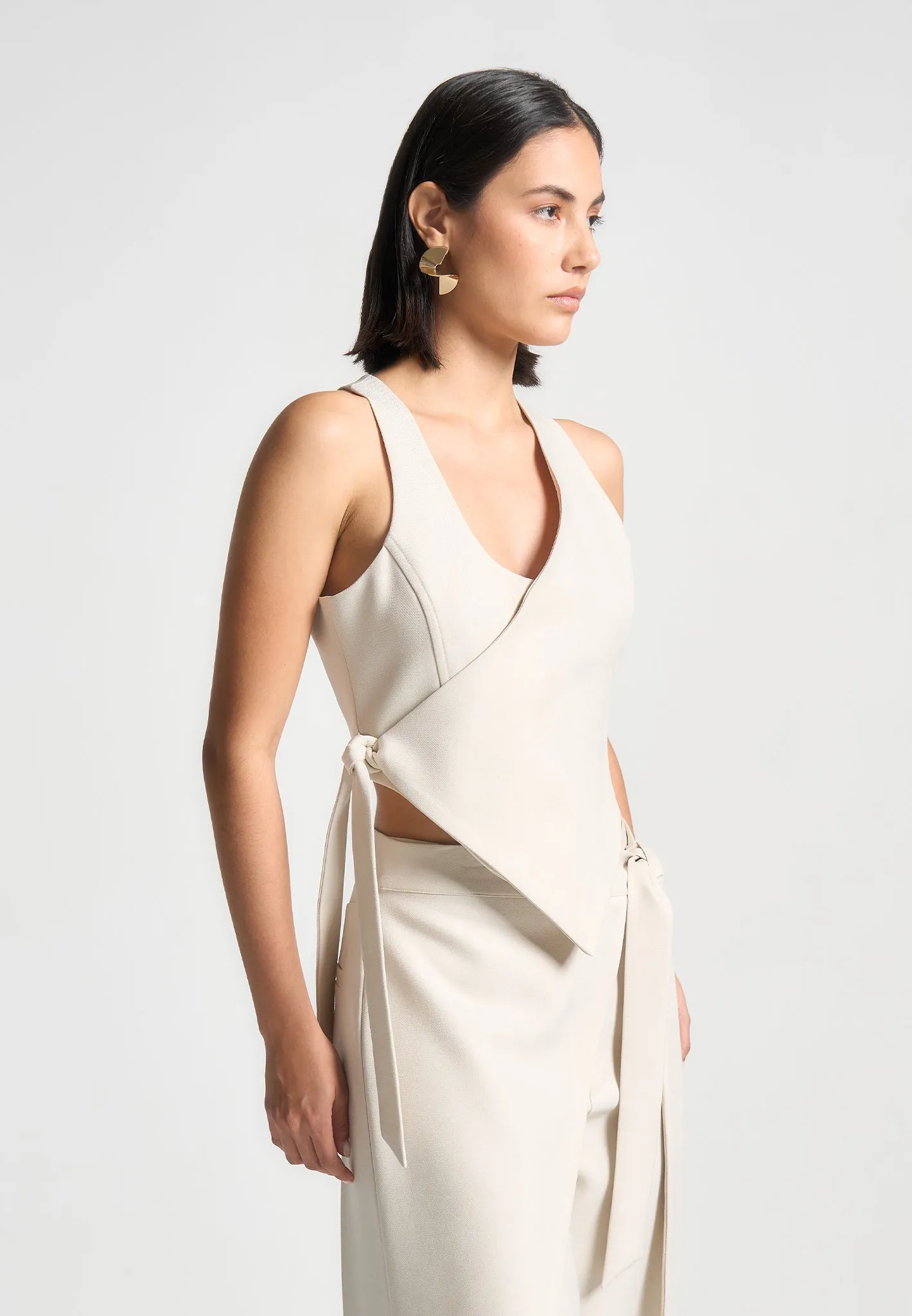 Asymmetric Tailored Waistcoat with Tie - Light Beige