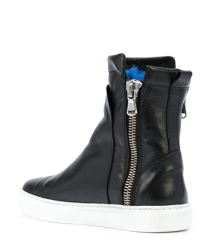 Black Leather Double Zip Shearling Sneaker