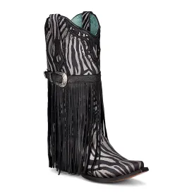 Corral Women's 13" Zebra Print Harness with Studs & Fringe Snip Toe Western Boot