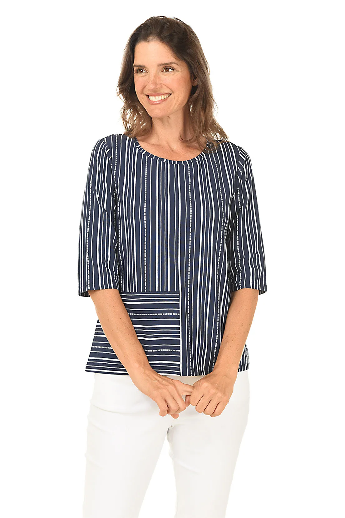 Navy Dashed Stripes Elbow Sleeve Top