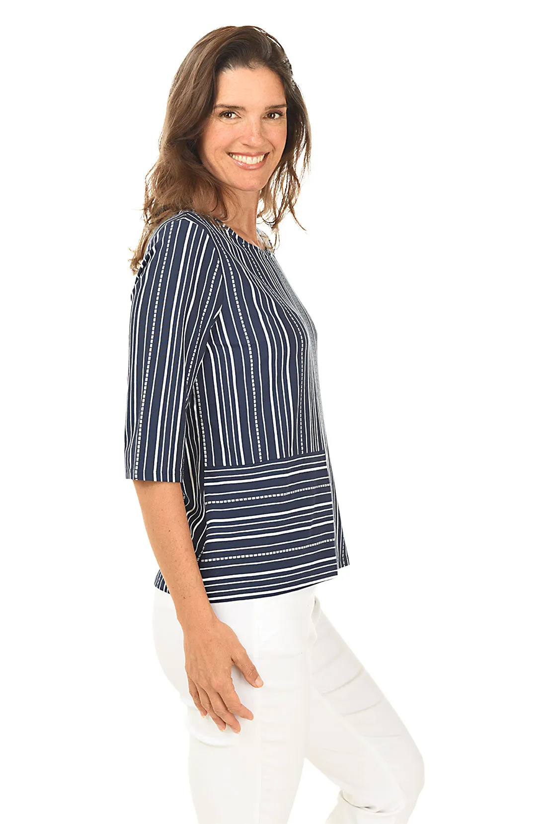 Navy Dashed Stripes Elbow Sleeve Top