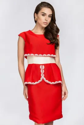 Red Crop Top Illusion White Jewel Trim Peplum Midi Dress