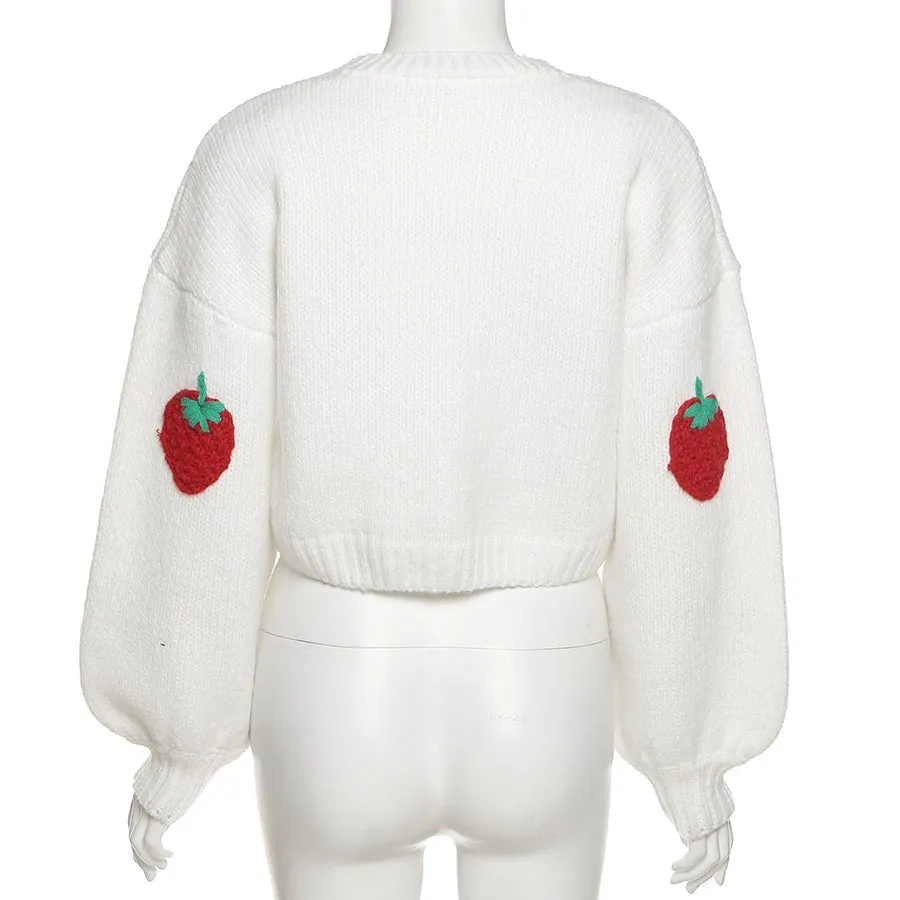 White Knitted Cardigan with Embroidered Strawberries