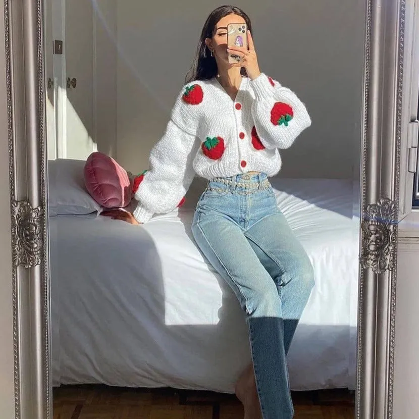 White Knitted Cardigan with Embroidered Strawberries